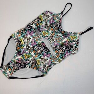 Kids Art Class Floral One Piece Swimsuit Black Multi Color Tropical Size L 10/12